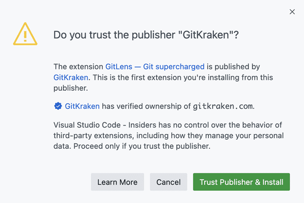 When installing extensions, developers are greeted by a new dialog to confirm the trustworthiness of the publisher.