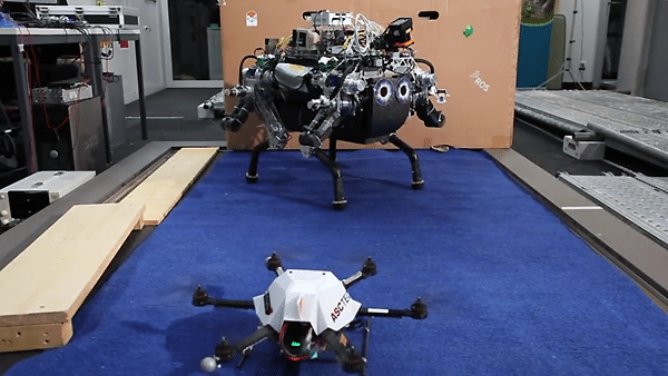 Hexacopter hilft Laufroboter