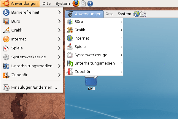 Der Gnome-Desktop von Debian Lenny (rechts) sieht dem von Ubuntu 8.10 (links) sehr ähnlich.