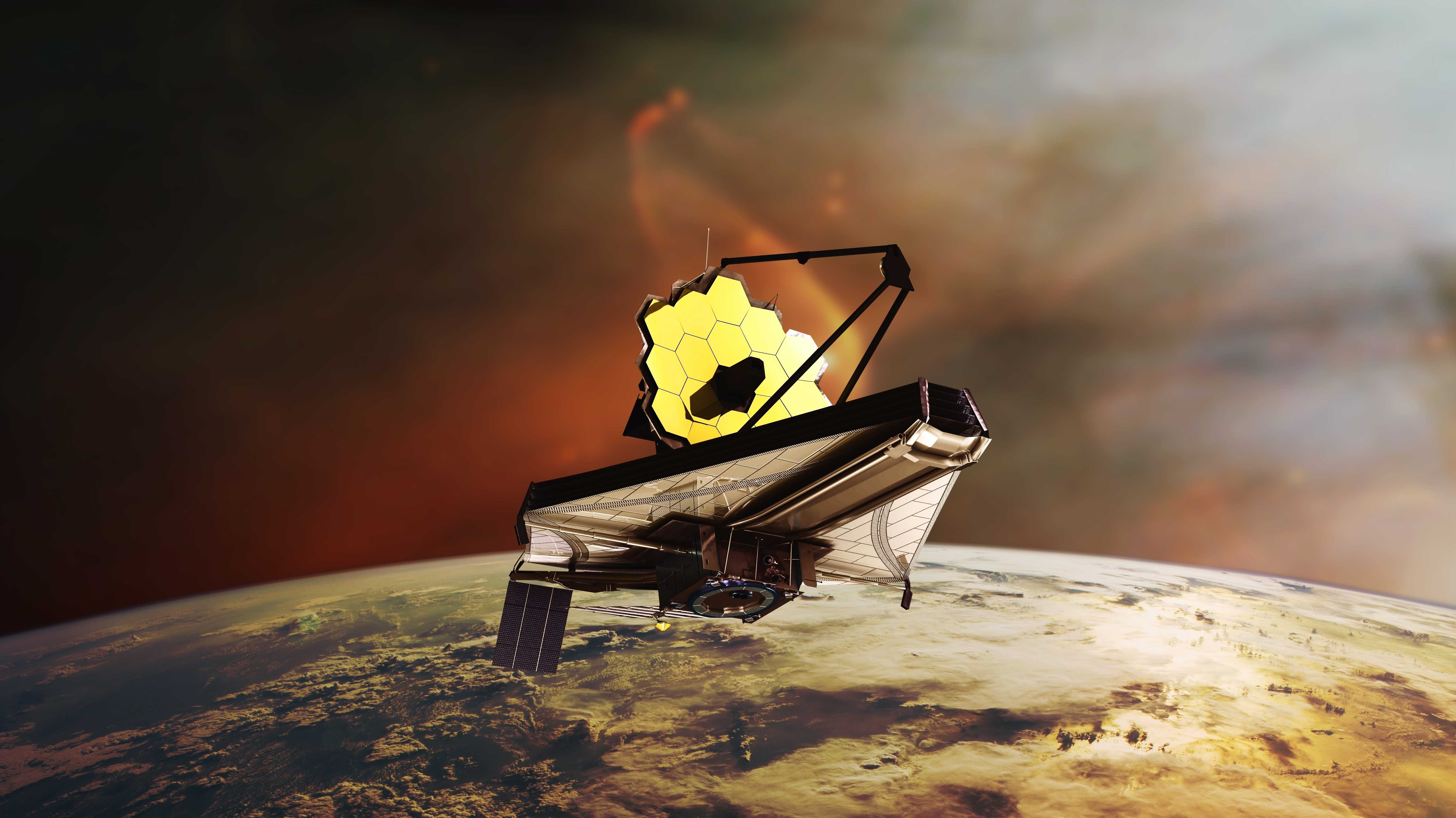 James-Webb-Teleskop (künstlerische Darstellung) vor einem Planeten