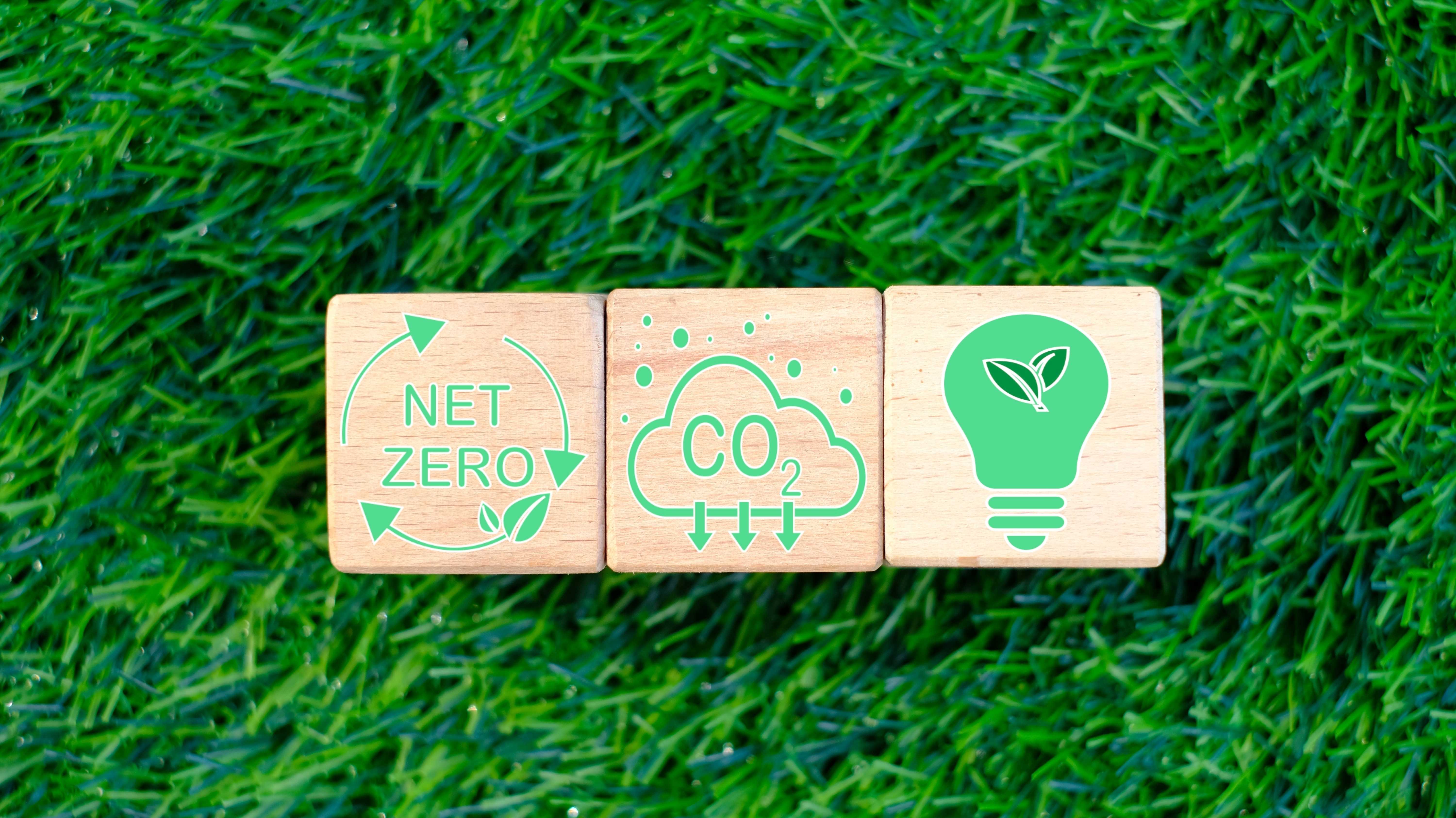 Hölzerne Würfel auf grünem Hintergrund mit grüner Energie, reduzieren CO2,Netto-Nullsymbol-Konzept für Netto-Nullemission.