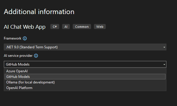 VIsual Studio: Diese KI-Modelle stehen für das .NET AI Template zur Wahl.