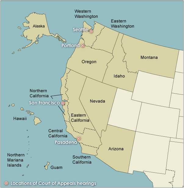 Landkarte zeigt Alaska, Arizona, Hawaii, Idaho, Kalifornien, Montana, Nevada, Oregon, Washington, Guam und die Nördlichen Marianen