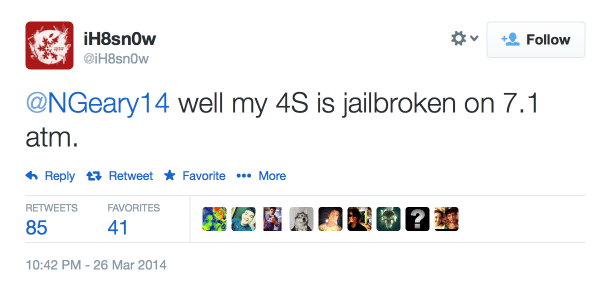 Tweet von Steven De Franco: iOS 7.1 auf einem iPhone 4s geknackt.