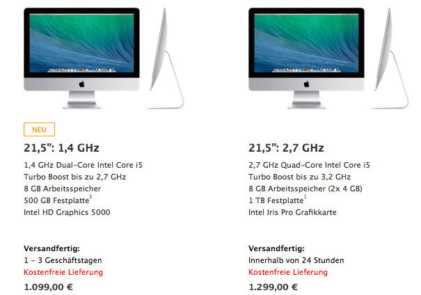 Der neue Einstiegs-iMac neben dem (unveränderten) bisherigen Einstiegsmodell