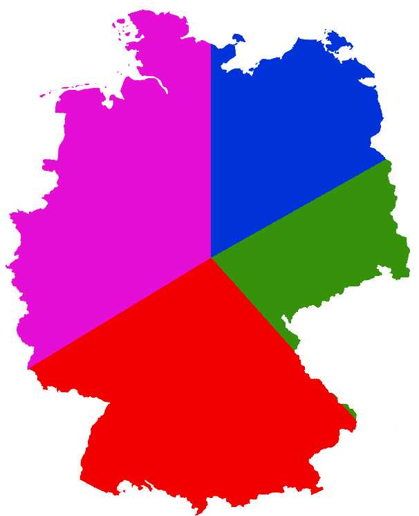 Deutschlands Mobilfunkmarkt ist noch zwischen vier Anbietern aufgeteilt (Telekom - magenta, Vodafone - rot, E-Plus - grün, Telefónica O2 - blau).