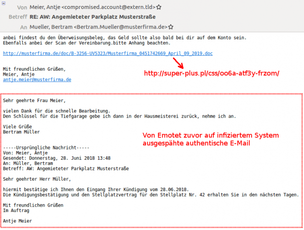Emotet tut alles, um seine Dynamit-Phishing-Mails möglichst echt aussehen zu lassen.