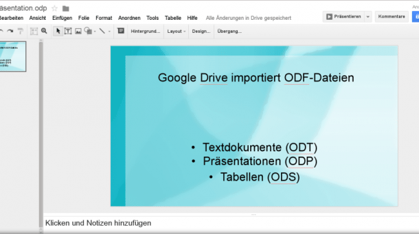 Google Drive importiert ODF-Dateien