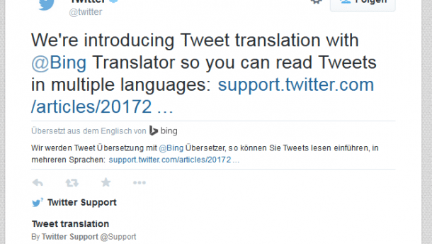Twitter übersetzt Tweets mit Bing Translator