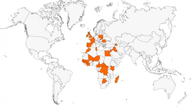 Weltkarte mit Orange-Ländern