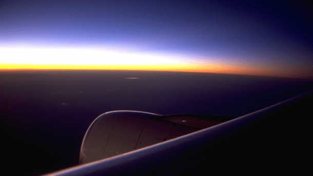 Fliegender Airbus, Sonnenuntergang über der Tragfläche
