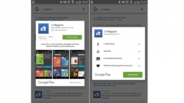 Android-Suche ermöglicht direktes Installieren von Apps