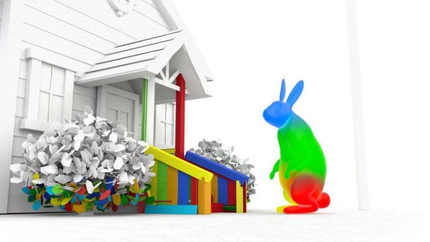 Bunter überdimensionierter Hase vor farblosem Wohnhaus