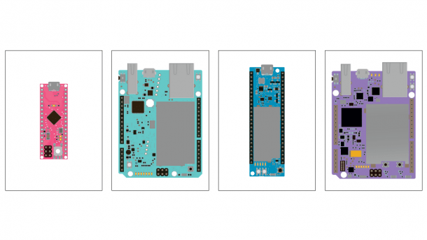Bunte schematische Zeichnungen von Mikrocontrollerboards in pink, türkis, grün und lila