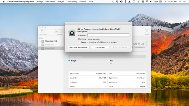 macOS 10.13 zeigt Passwort zu verschlüsseltem APFS-Volume als Merkhilfe
