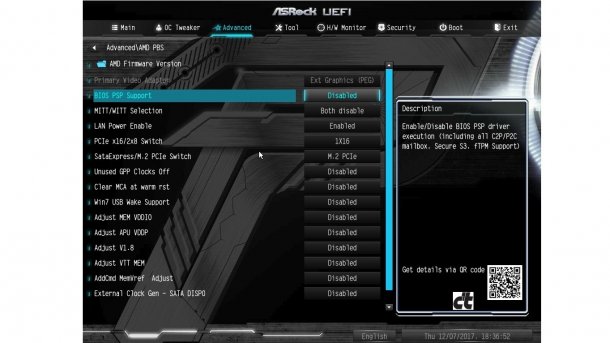 BIOS-Setup des ASRock AB350M Pro4 mit Option "BIOS PSP Support"