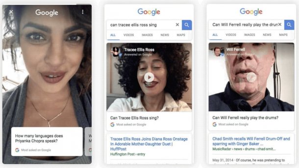 Google mobile Search beantwortet manche Anfragen zu Promis mit Selfie-Videos