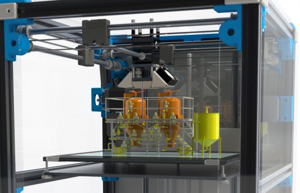Ein Rendering eines 3D-Druckers, auf dem Drucktisch stehen gedruckte Minireaktoren