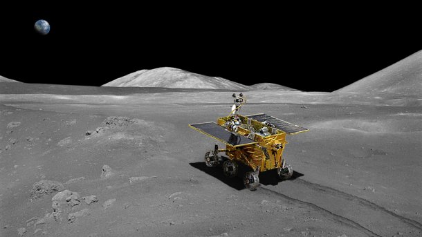 Der Mond-Rover "Jadehase" (siehe Render-Bild) soll am Sonntagabend ein erstes Bild vom Landefahrzeug zur Erde funken.