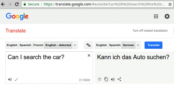 Screenshot Google Translate "Can I search the car?" wird zu "Kann ich das Auto suchen?"