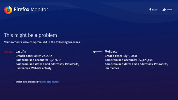 Firefox Monitor informiert bei gehackter E-Mail-Adresse