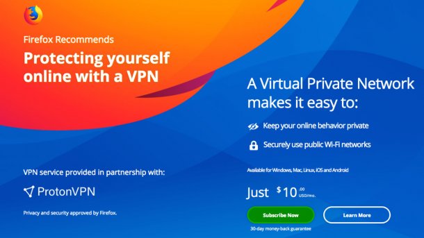 Mozilla berwirbt VPN-Dienst im Firefox-Browser