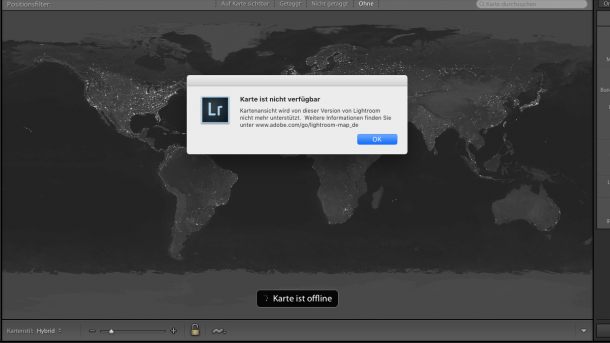 Adobe deaktiviert Kartenmodul in älteren Lightroom-Versionen