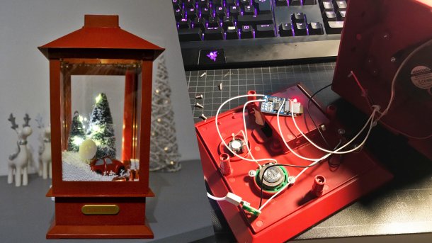 Collage aus einer Laterne und einem roten Laternenfuß mit Elektronik