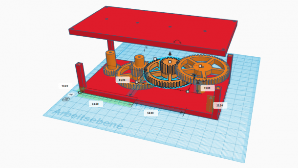 Tinkercad-Konstruktionszeichnung eines Getriebes in einem Gehäuse.