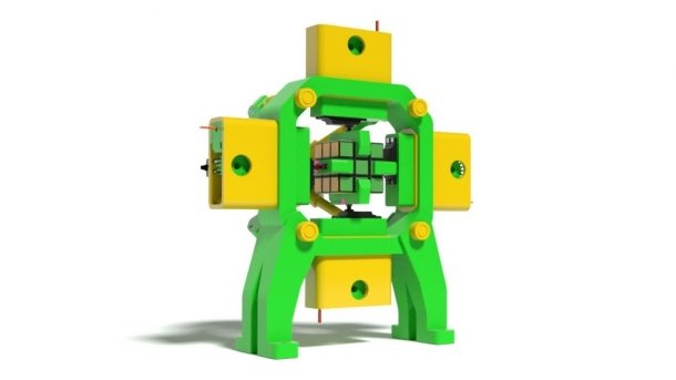 Ein Roboter mit gelben und grünen Teilen aus dem 3D-Drucker, im Bauch hält er einen Zauberwürfel fest.