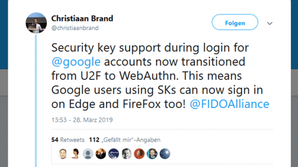 Google: Authentifizierung mit Sicherheitsschlüssel nun auch für Firefox & Edge