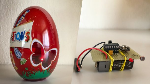 Das reaktive Osterei: Collage aus Osterei mit roter LED und diskreter Schaltung