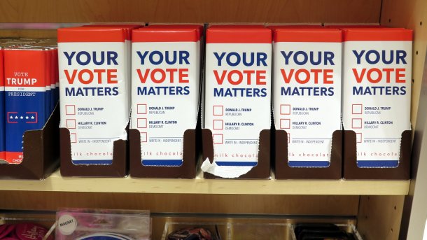 Schokolade "Your Vote Matters", ankreuzbar sind Donald Trump oder Hillary Clinton