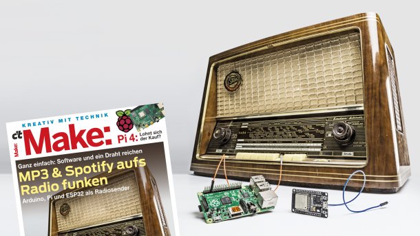 Cover der Make 4/19 neben einem alten Radiogerät, einem Raspberry Pi und ESP.