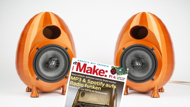 Cover der Make 4/19 neben zwei orangen Lautsprechern in Ei-Form.