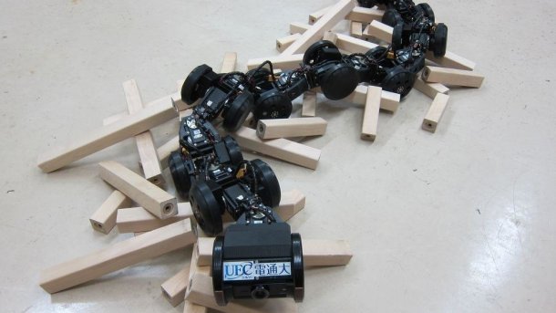 Schmaler Roboter aus schwarzen Kettengliedern mit Rollen auf einem Haufen Holzstücken.