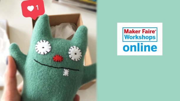 Eine Hand hält ein grünes Monster, rechts daneben ist ein Logo "Maker Faire Workshops online"