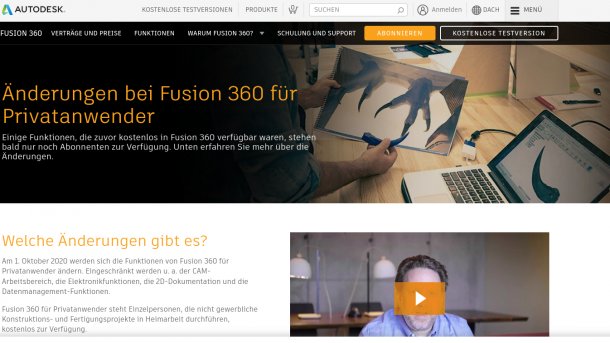 Neue Einschränkungen für kostenlose Nutzung von Fusion 360