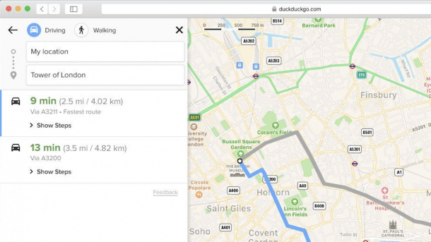 Suchmaschine DuckDuckGo zeigt Routen für Fußgänger und Autofahrer an