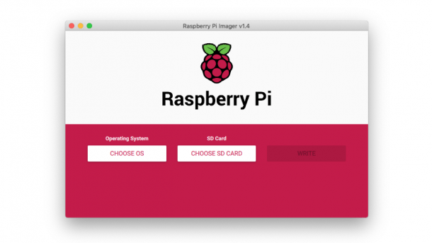 Screenshot Raspberry Pi Imager: Fenster mit Himbeere und drei Buttons "Choose OS", "Choose SD Card" und "Write"