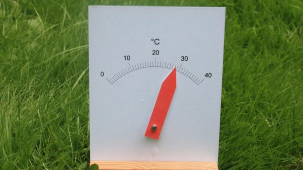 Ein weißes Blatt mit Temperaturanzeige und rotem Zeiger, im Hintergrund grünes Gras.