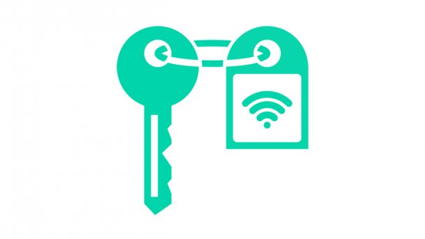 Grünes Logo: Schlüssel mit Anhänger, darauf ein WLAN-Logo.