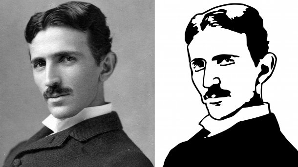 Tesla-Portrait als Foto und als Vektorgrafik in schwarz auf weißem Hintergrund.