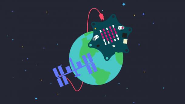 Grafik im Comic-Stil: Vor schwarzem Weltraum ist die Erde zu sehen, außerdem sind der sternförmige Calliope mini und die ISS mit einem Kabel verbunden.