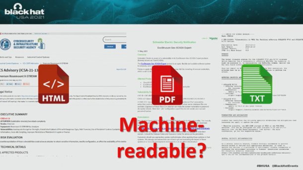 Screenshot zeigt drei grundverschieden gestaltete Security Advisories (HTML, PDF, TXT), darüber ist die rhetorische Frage "machine readable?" eingeblendet.