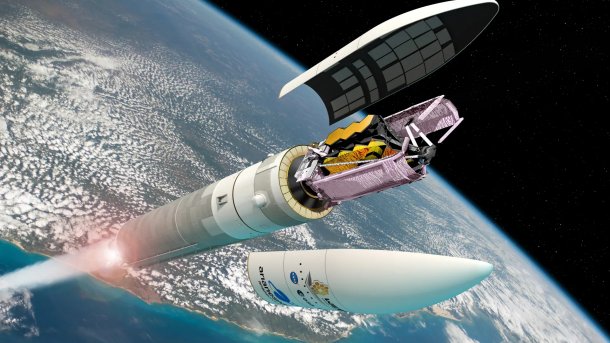 James Webb Weltraumteleskop in der Ariane 5 Rakete über der Erde