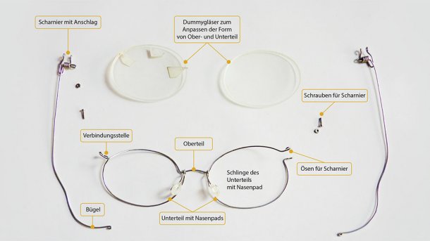 Beschriftetes Foto aller Einzelteile, die für die Brille gebraucht werden: in Form gebogene Draht-Teile, Schrauben, Gläser und Nasenpads.