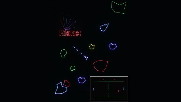 Make-Schriftzug, Asteroids-Spiel und Pong-Spiel als bunte Laserlinien auf einem schwarzen Hintergrund.