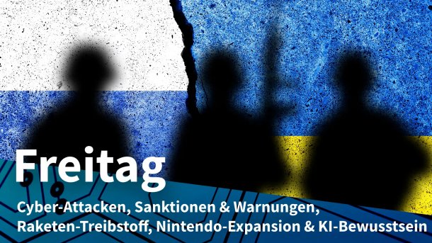 Flaggen von Russland und der Ukraine hinter Schatten von Soldaten