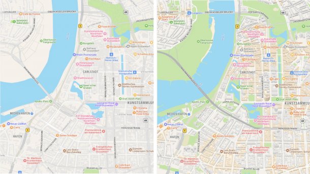 Die Apple-Karten von Düsseldorf im Vorher-Nachher-Vergleich